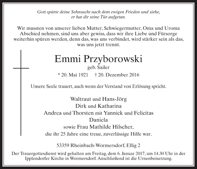  Traueranzeige für Emmi Przyborowski vom 04.01.2017 aus  Schaufenster/Blickpunkt 