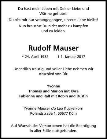 Anzeige von Rudolf Mauser von Kölner Stadt-Anzeiger / Kölnische Rundschau / Express