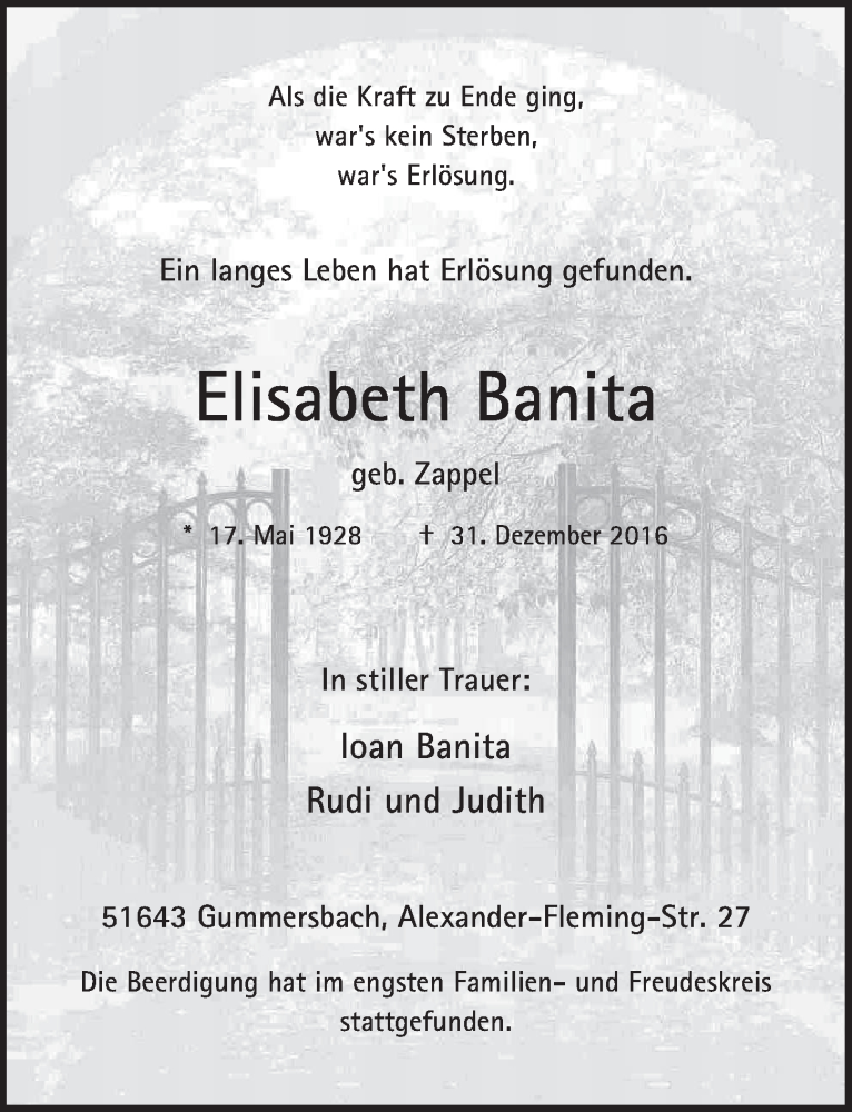  Traueranzeige für Elisabeth Banita vom 11.01.2017 aus  Anzeigen Echo 