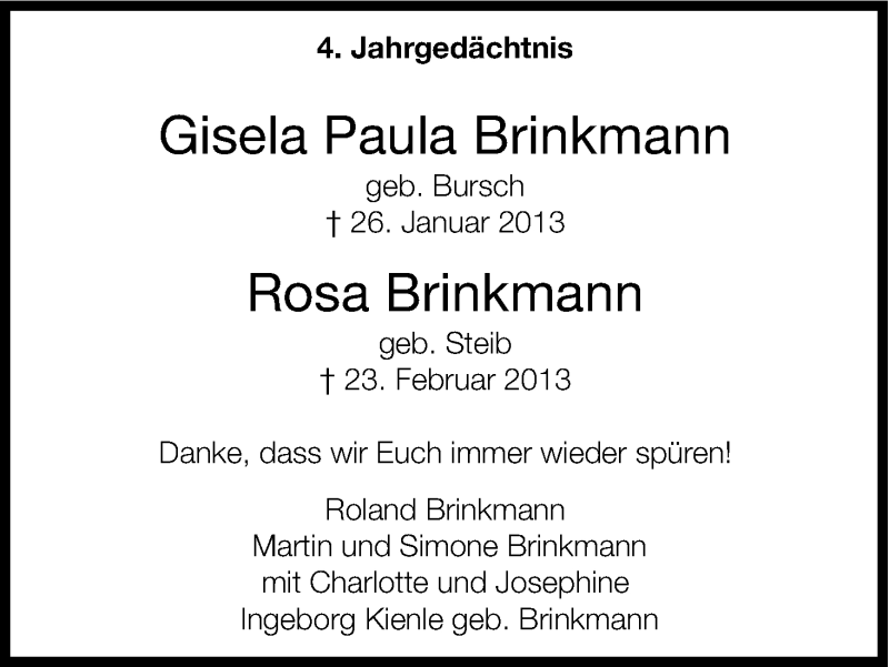  Traueranzeige für Gisela Paula/Rosa Brinkmann vom 26.01.2017 aus Kölner Stadt-Anzeiger / Kölnische Rundschau / Express