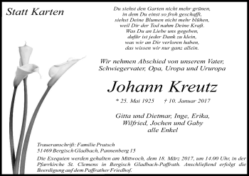 Anzeige von Johann Kreutz von Kölner Stadt-Anzeiger / Kölnische Rundschau / Express