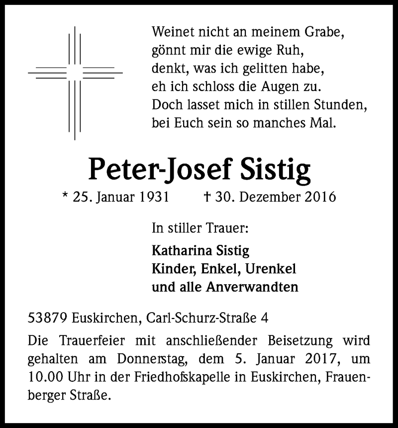  Traueranzeige für Peter-Josef Sistig vom 03.01.2017 aus Kölner Stadt-Anzeiger / Kölnische Rundschau / Express