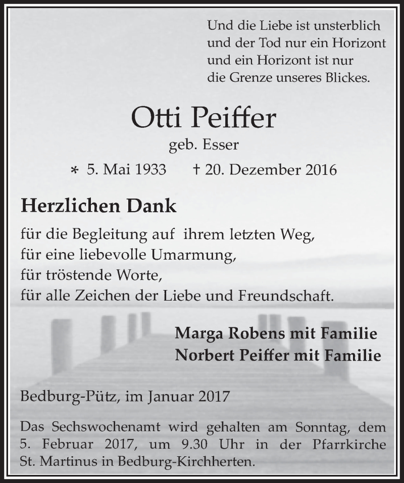  Traueranzeige für Otti Pfeiffer vom 25.01.2017 aus  Werbepost 