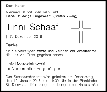 Anzeige von Tinni Schaaf von Kölner Stadt-Anzeiger / Kölnische Rundschau / Express
