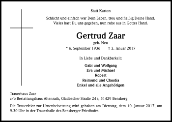 Anzeige von Gertrud Zaar von Kölner Stadt-Anzeiger / Kölnische Rundschau / Express