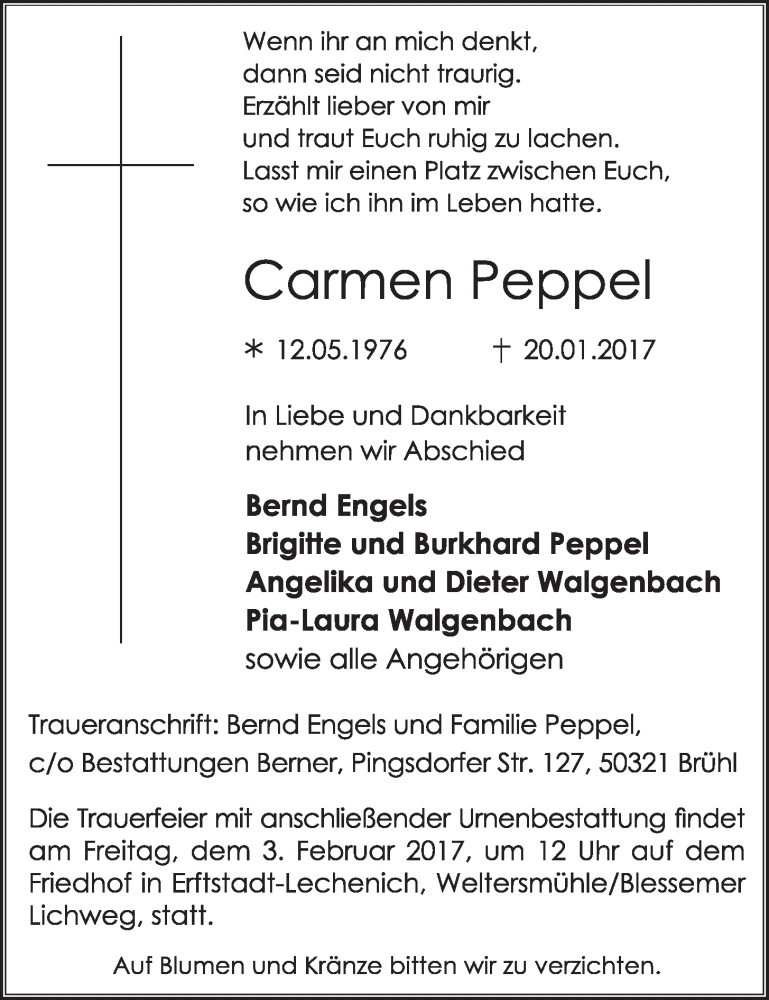  Traueranzeige für Carmen Peppel vom 01.02.2017 aus  Schlossbote/Werbekurier 