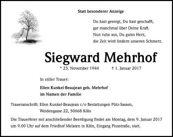 Anzeige von Siegward Mehrhof von Kölner Stadt-Anzeiger / Kölnische Rundschau / Express