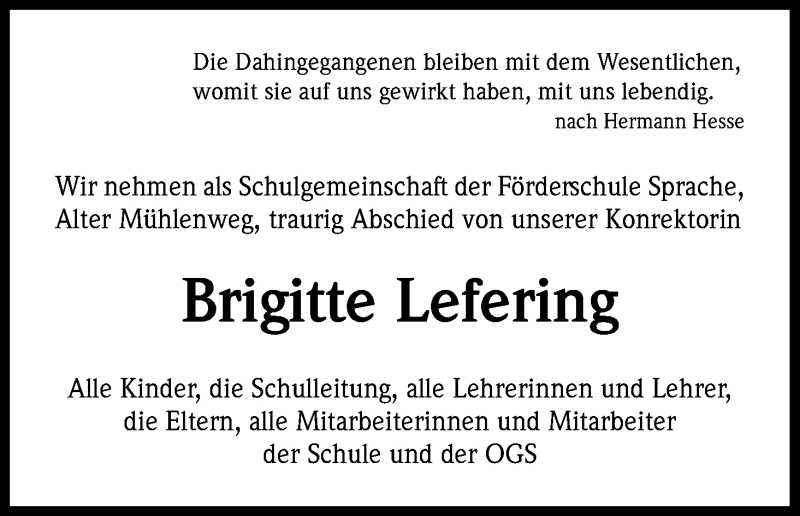  Traueranzeige für Brigitte Lefering vom 21.01.2017 aus Kölner Stadt-Anzeiger / Kölnische Rundschau / Express