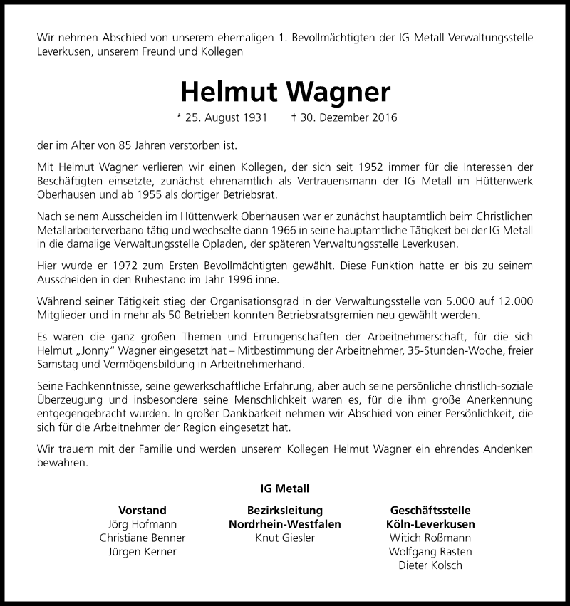  Traueranzeige für Helmut Wagner vom 05.01.2017 aus Kölner Stadt-Anzeiger / Kölnische Rundschau / Express