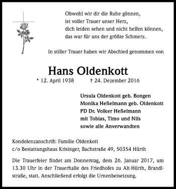 Anzeige von Hans Oldenkott von Kölner Stadt-Anzeiger / Kölnische Rundschau / Express