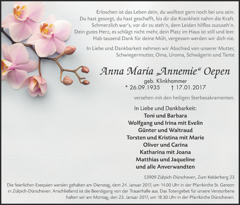  Traueranzeige für Anna Maria Oepen vom 21.01.2017 aus  Blickpunkt Euskirchen 