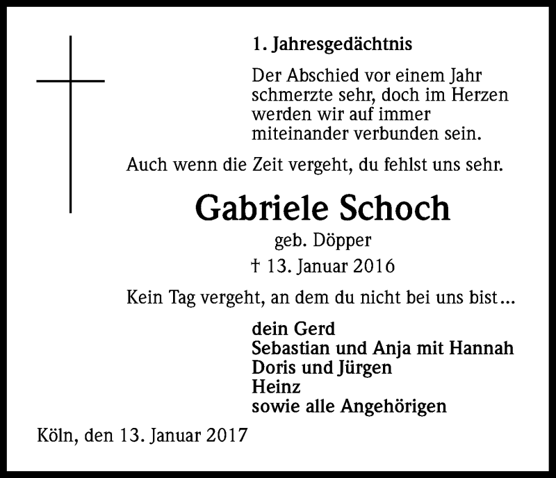  Traueranzeige für Gabriele Schoch vom 13.01.2017 aus Kölner Stadt-Anzeiger / Kölnische Rundschau / Express