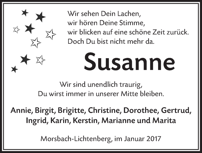  Traueranzeige für Susanne  vom 25.01.2017 aus  Lokalanzeiger 