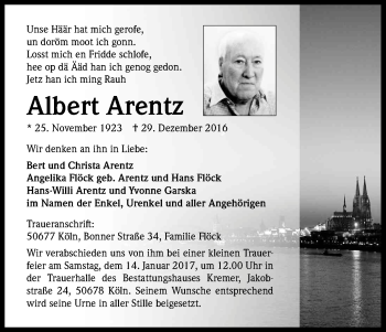 Anzeige von Albert Arentz von Kölner Stadt-Anzeiger / Kölnische Rundschau / Express