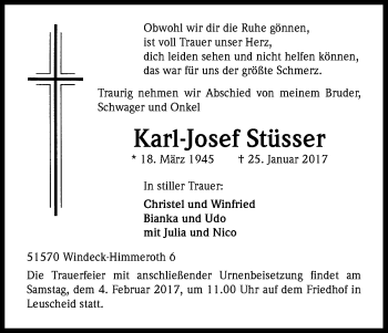 Anzeige von Karl-Josef Stüsser von Kölner Stadt-Anzeiger / Kölnische Rundschau / Express