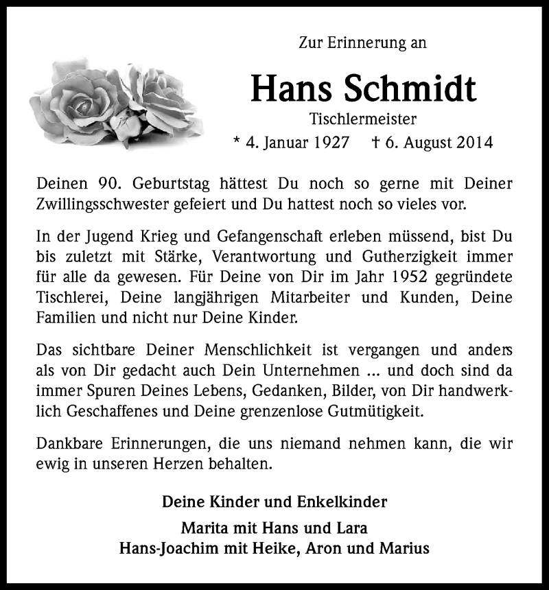  Traueranzeige für Hans Schmidt vom 07.01.2017 aus Kölner Stadt-Anzeiger / Kölnische Rundschau / Express