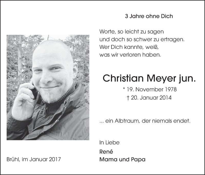  Traueranzeige für Christian Meyer vom 18.01.2017 aus  Schlossbote/Werbekurier 