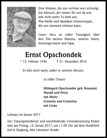 Anzeige von Ernst Opschondek von Kölner Stadt-Anzeiger / Kölnische Rundschau / Express