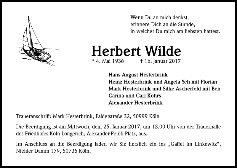  Traueranzeige für Herbert Wilde vom 21.01.2017 aus Kölner Stadt-Anzeiger / Kölnische Rundschau / Express