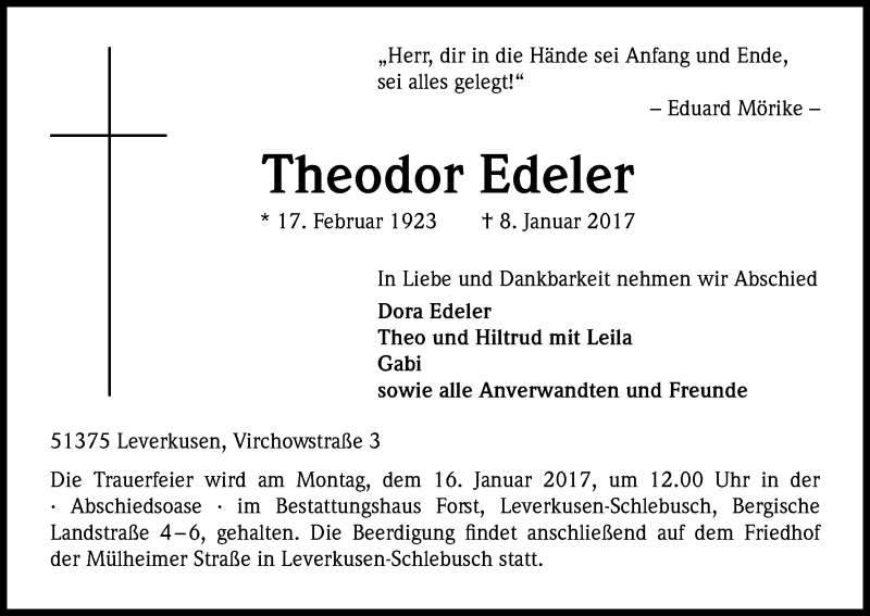  Traueranzeige für Theodor Edeler vom 12.01.2017 aus Kölner Stadt-Anzeiger / Kölnische Rundschau / Express
