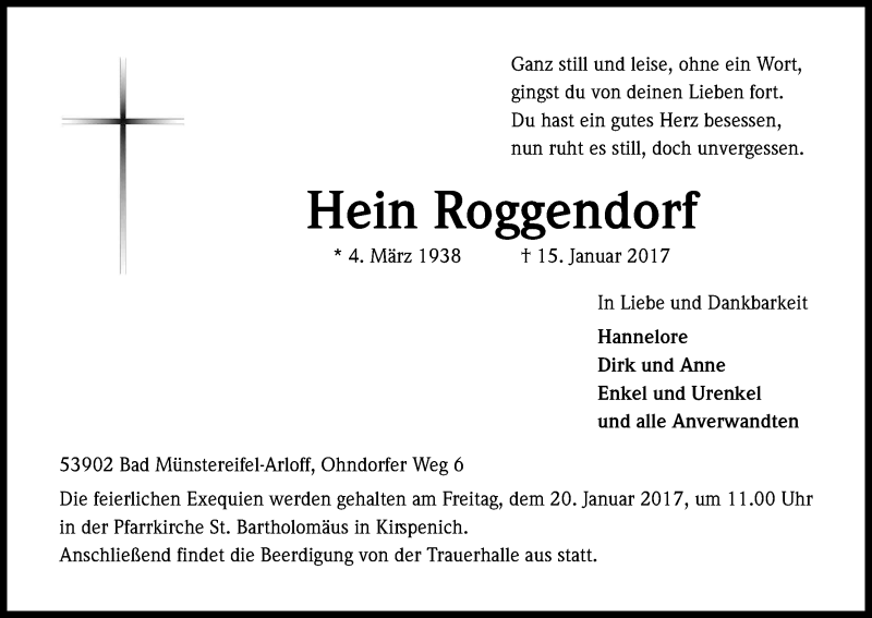  Traueranzeige für Hein Roggendorf vom 18.01.2017 aus Kölner Stadt-Anzeiger / Kölnische Rundschau / Express