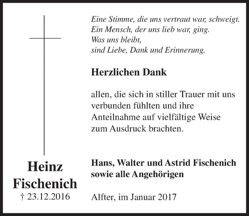  Traueranzeige für Heinz Fischenich vom 25.01.2017 aus  Schaufenster/Blickpunkt 