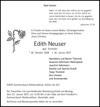Anzeige von Edith Neuser von Kölner Stadt-Anzeiger / Kölnische Rundschau / Express