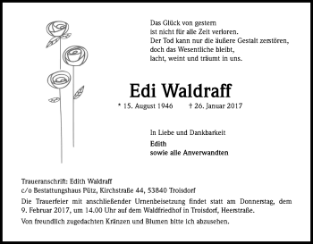 Anzeige von Edi Waldraff von Kölner Stadt-Anzeiger / Kölnische Rundschau / Express