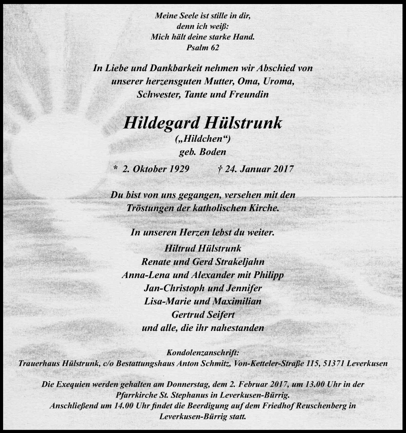 Traueranzeige für Hildegard Hülstrunk vom 28.01.2017 aus Kölner Stadt-Anzeiger / Kölnische Rundschau / Express