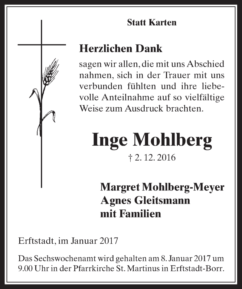  Traueranzeige für Inge Mohlberg vom 04.01.2017 aus  Werbepost 