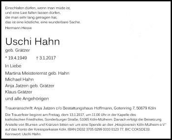 Anzeige von Uschi Hahn von Kölner Stadt-Anzeiger / Kölnische Rundschau / Express