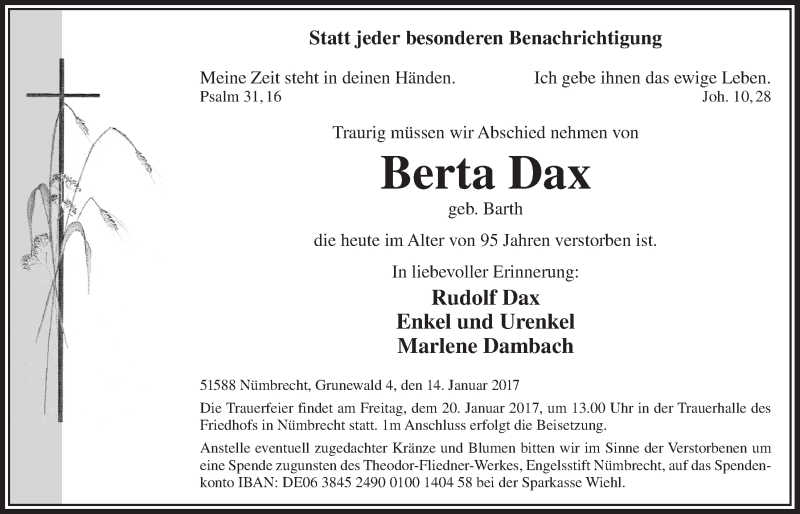  Traueranzeige für Berta Dax vom 18.01.2017 aus  Lokalanzeiger 
