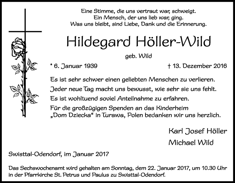  Traueranzeige für Hildegard Höller-Wild vom 14.01.2017 aus Kölner Stadt-Anzeiger / Kölnische Rundschau / Express