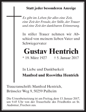 Anzeige von Gustav Hentrich von  Wochenende 