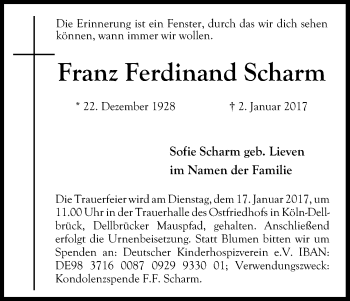 Anzeige von Franz Ferdinand Scharm von Kölner Stadt-Anzeiger / Kölnische Rundschau / Express