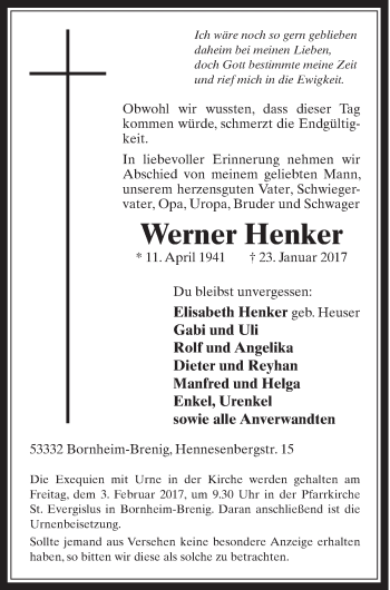 Anzeige von Werner Henker von  Schaufenster/Blickpunkt 