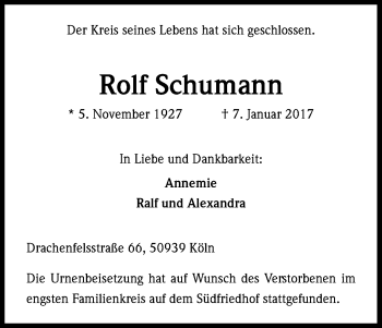 Anzeige von Rolf Schumann von Kölner Stadt-Anzeiger / Kölnische Rundschau / Express