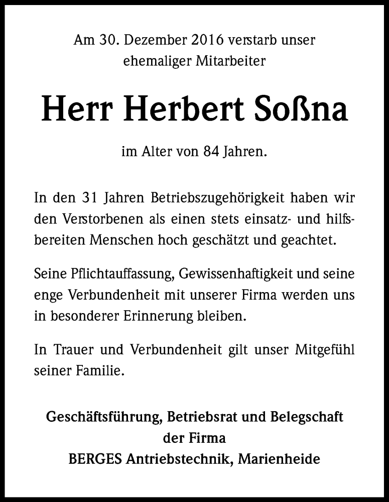  Traueranzeige für Herbert Soßna vom 12.01.2017 aus Kölner Stadt-Anzeiger / Kölnische Rundschau / Express
