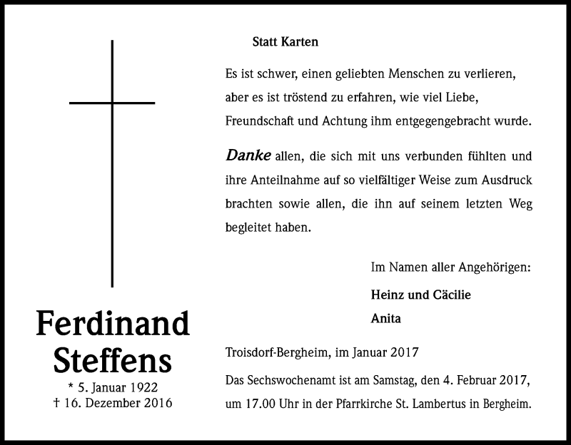  Traueranzeige für Ferdinand Steffens vom 28.01.2017 aus Kölner Stadt-Anzeiger / Kölnische Rundschau / Express