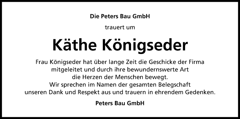  Traueranzeige für Käthe Königseder vom 18.01.2017 aus Kölner Stadt-Anzeiger / Kölnische Rundschau / Express