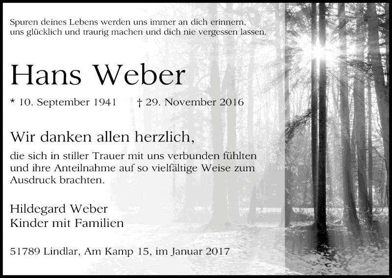  Traueranzeige für Hans Weber vom 07.01.2017 aus Kölner Stadt-Anzeiger / Kölnische Rundschau / Express