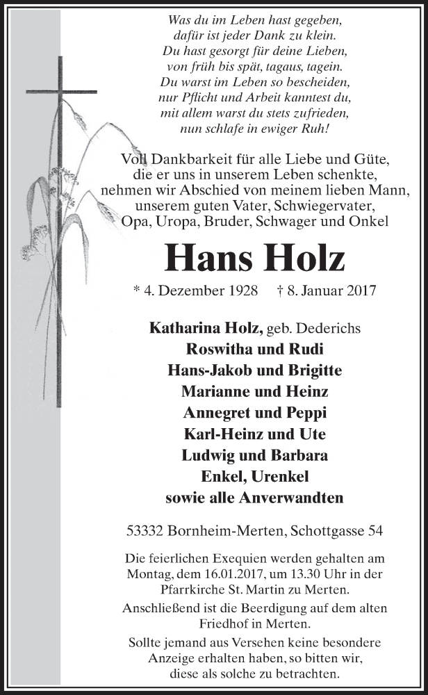 Traueranzeige für Hans Holz vom 11.01.2017 aus  Schlossbote/Werbekurier 