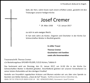 Anzeige von Josef Cremer von Kölner Stadt-Anzeiger / Kölnische Rundschau / Express