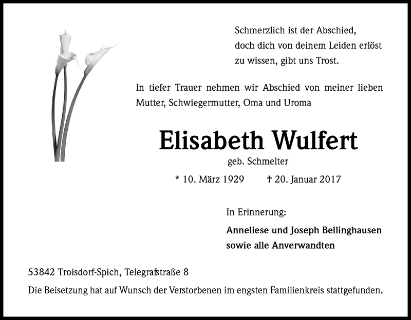  Traueranzeige für Elisabeth Wulfert vom 28.01.2017 aus Kölner Stadt-Anzeiger / Kölnische Rundschau / Express