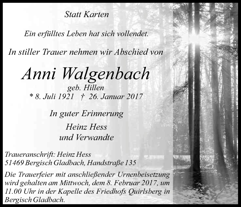  Traueranzeige für Anni Walgenbach vom 01.02.2017 aus Kölner Stadt-Anzeiger / Kölnische Rundschau / Express