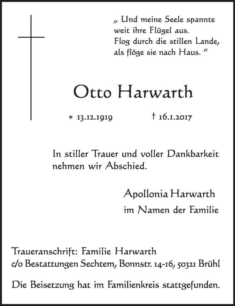 Traueranzeige für Otto Harwarth vom 25.01.2017 aus  Schlossbote/Werbekurier 