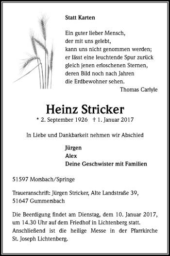 Anzeige von Heinz Stricker von Kölner Stadt-Anzeiger / Kölnische Rundschau / Express