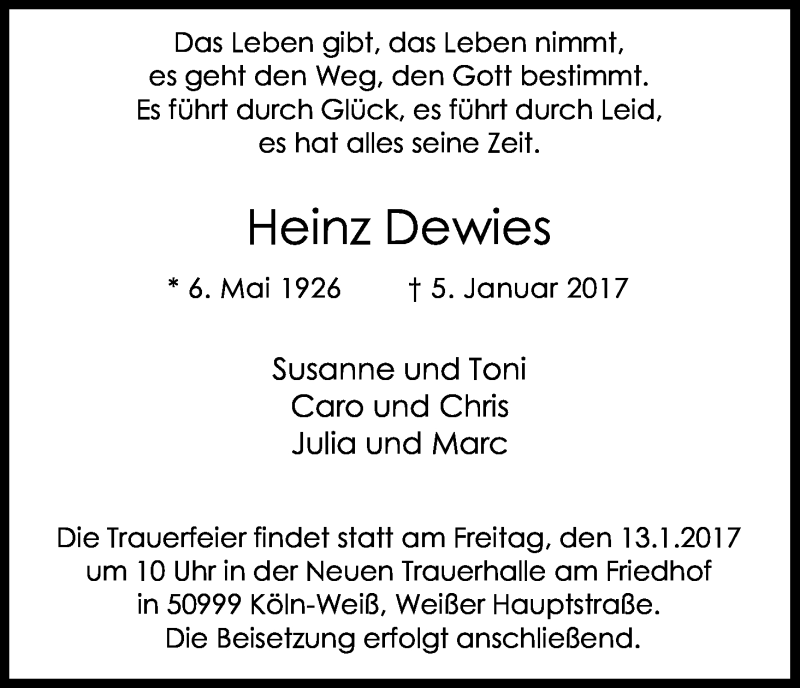  Traueranzeige für Heinz Dewies vom 07.01.2017 aus Kölner Stadt-Anzeiger / Kölnische Rundschau / Express