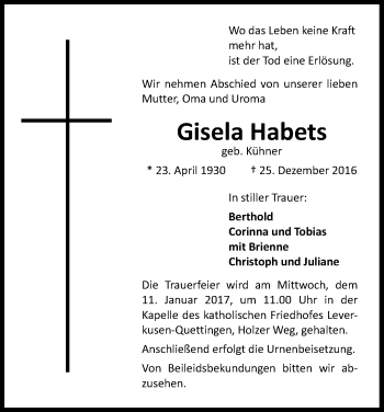 Anzeige von Gisela Habets von Kölner Stadt-Anzeiger / Kölnische Rundschau / Express