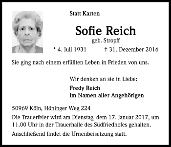 Anzeige von Sofie Reich von Kölner Stadt-Anzeiger / Kölnische Rundschau / Express